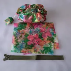 花柄シアーポーチ/ファスナー開閉/ハンドメイド/イタリアン風/未使用/同柄生地付
