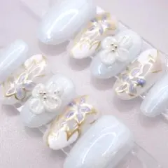 191 ネイルチップSサイズ 韓国 上品 立体フラワー マグネット 青　水色