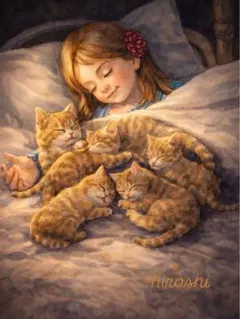 1120☆プリント版　猫と子供　AI水彩画シリーズ　［いい夢みてね］