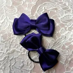 紫色サテンリボンヘアゴム 2個セット
