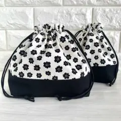 花柄　お弁当袋&コップ袋　黒　フラワー　給食袋　巾着袋　保育園　幼稚園　入園入学