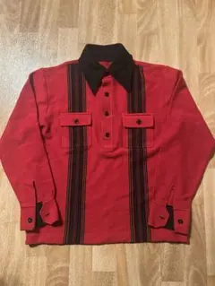 赤色ニットセーター 黒襟 ストライプ　ハーフジップ　70s 古着　長袖　個性派