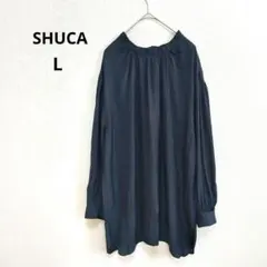 SHUCA シュカ オーバーサイズ ブラウス フリル ギャザー L 紺 薄手のサムネイル