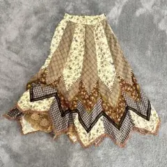 ノンノンドール　パッチワークロングスカート　コットンレース　ブラウン花柄チェック