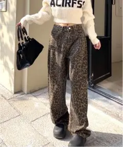 レオパード柄デニムワイドパンツ