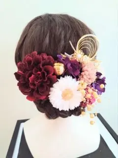 和装髪飾り　(深赤ダリア＆紫)　結婚式　成人式　七五三　卒業式　謝恩会　振袖