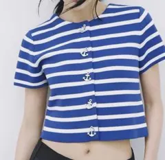 ★ZARA ザラ マリン風 ボーダー 半袖 ニット 青×白 XS 新品★のサムネイル