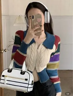 ストライプケーブルニットクロップドセーター　ジッパー　カラフル