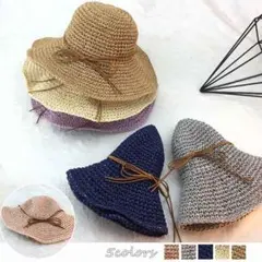 麦わら帽子 レディース 折たたみ つば広 ハット uvカット おしゃれ 細リボン