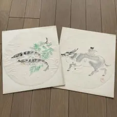 水彩画 墨絵　海老の図 牛の図　2枚のサムネイル