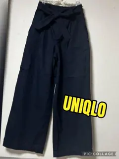 UNIQLO ベルテッドリネンコットンワイドストレートパンツ ネイビー M