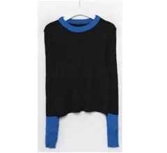 【タグ付き】リブ編み長袖バイカラーニット 黒/青