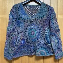 手編みVネック セーター 青紫系