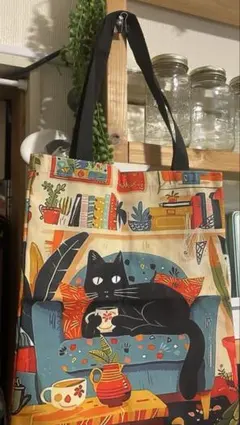 黒猫とインテリア柄 トートバッグ