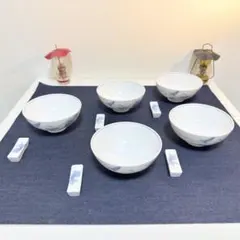 乃りたけ 飯碗 5客 ＆ 箸置き 5点 セット 藍彩 草花紋 昭和レトロ 美品
