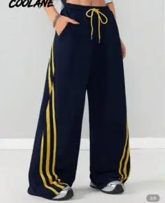 ネイビー ワイドパンツ L サイドストライプ