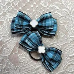 青と黒のチェック柄リボンヘアゴム