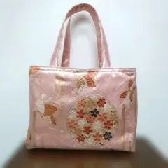 帯リメイク、蝶と花刺繍のピンクトートバッグ