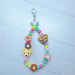 カラフルクマと花のストラップ