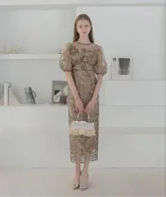 フラワーディテールパフスリーブIラインワンピースドレス結婚式二次会パーティー