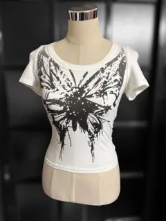 新品 ホワイト グラフィックプリント 半袖Tシャツ バタフライ 蝶々