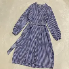 プラステ バンドカラー　 シャツワンピース ストライプ　ベルト付き
