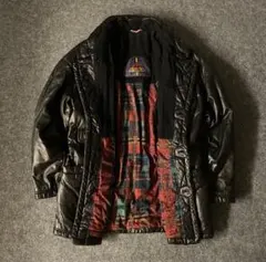 80s Euro vintage レザージャケット 本革　チェック アメカジ　黒