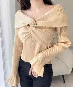 オフショルダーリブニットトップス イエロー