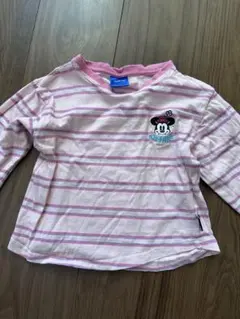 ミニーマウス刺繍 ピンクストライプTシャツ 100cm