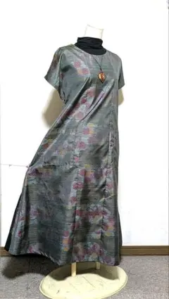 大島絣着物リメイクロングワンピース 202