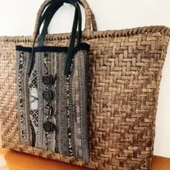 大島紬　山葡萄籠　お好きな方に　着物リメイクプチバック　正絹縮緬裏地　本革持ち手