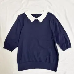 ラグアウト Rag Out ニット ネイビー ホワイト襟 五分袖 L