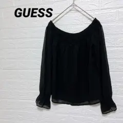 【GUESS】オフショルダー シフォンブラウス ブラック L 透け感 フリル袖のサムネイル