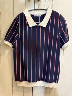 美品/襟付きストライプ 半袖 ニット M