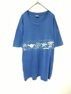 ヘインズ　90年代　希少　シングルステッチ　Tシャツ　メンズL　青色　プリント