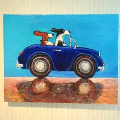 キャンバス油絵　L &Ｔ様専用　ドライブする犬たち　青い車　横41.5cm