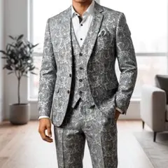 ペイズリー柄 3ピーススーツ グレー L相当 新品同様 セットアップ 高級感