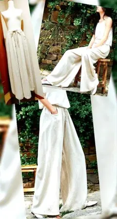 レディース・綿麻混紡/ワイドパンツ【オフホワイト・Ｓサイズ】新品