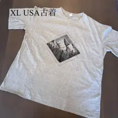 グレー Tシャツ XL USA古着 シンプル 山プリント アート ビッグサイズ