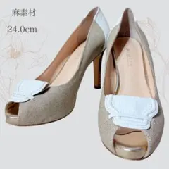 美品 carino オープントゥパンプス 麻調 ヒール 24cm 上品