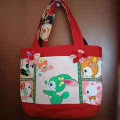 ハンドメイド　昭和レトロ　動物柄　パッチワーク　肩がけトートバッグ　赤色