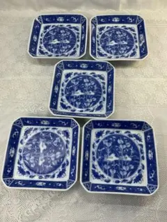 深川製磁　染付のおしどり青い花柄の四角皿5枚セット