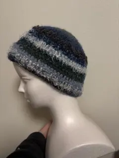 ハンドメイド　引き揃えニットビーニー グレーブルー系