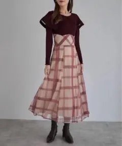 【ZOZO限定】ビックカラーバックレースアップ長袖ドッキングワンピース