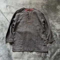 極美品！LOST CONTROL 七分袖 リネン シャツ ノーカラー 刺繍のサムネイル