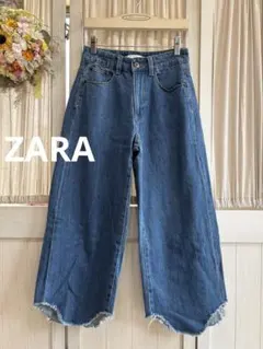 ZARAザラ　裾の丸いカットが可愛いくるぶし丈ワイドデニムパンツS ブルーのサムネイル