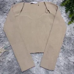 ZARA ザラ ハートネック リブニット トップス ベージュ Mサイズ 長袖