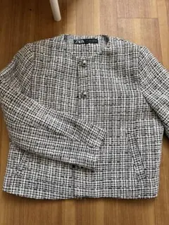 ZARA ノーカラーツイードジャケットLサイズ