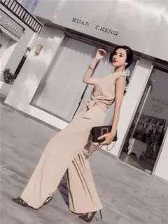 オールインワン結婚式パーティードレス ベージュ (S)