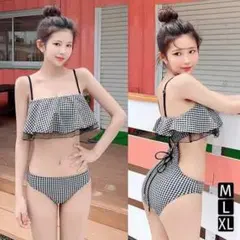 水着 ギンガムチェック　ビキニ　ドット　水玉　フリル　白黒　ギャル　白